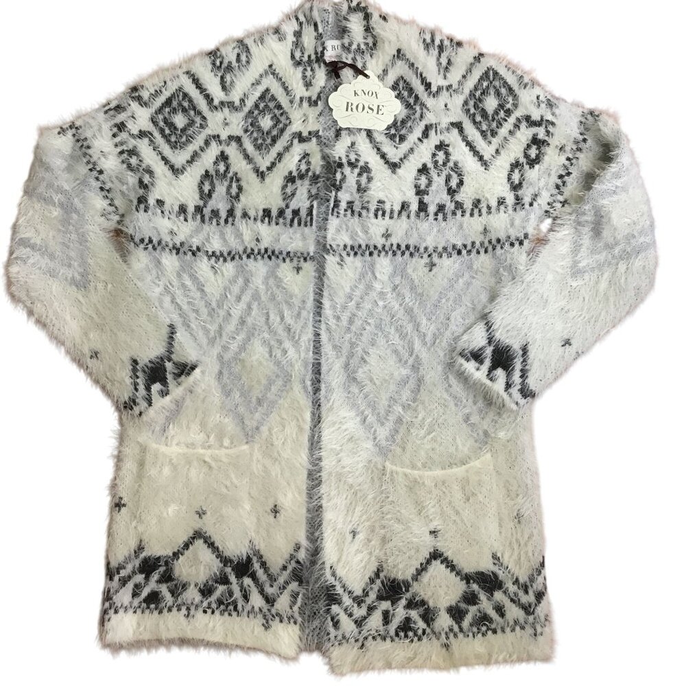 KNOX ROSE Fuzzy Aztec Cardigan Sweater S Gray White Soft Boho Nordic Cozy Knit